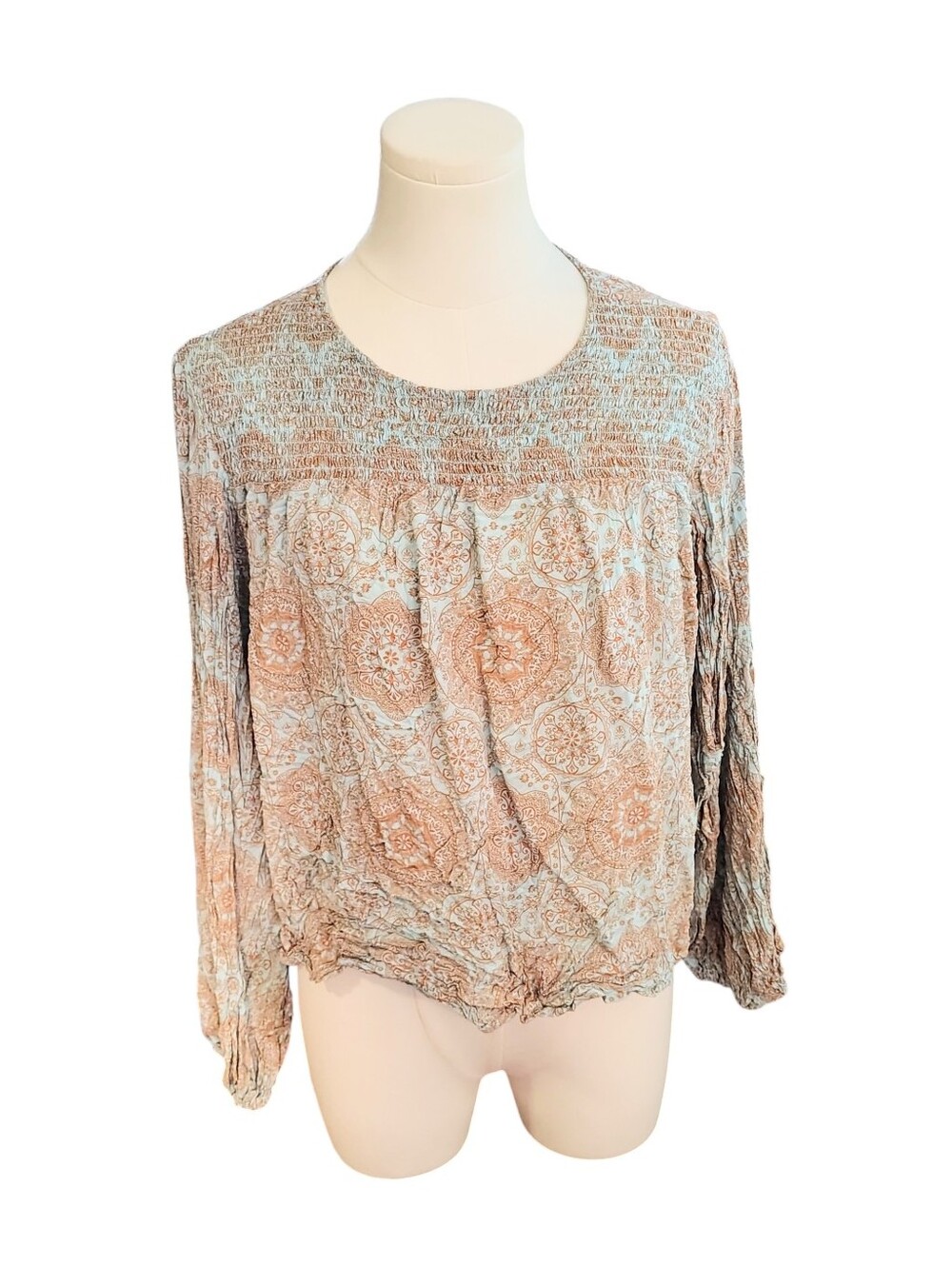 Stetson Aqua Orange Tan Smocked Western Keyhole Long Sleeve Blouse Size Large